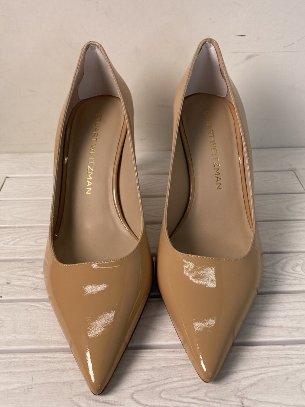 Stuart Weitzman Womens 8B Stuart Power 75 Pump Adobe Beige Leather Pointed Toe